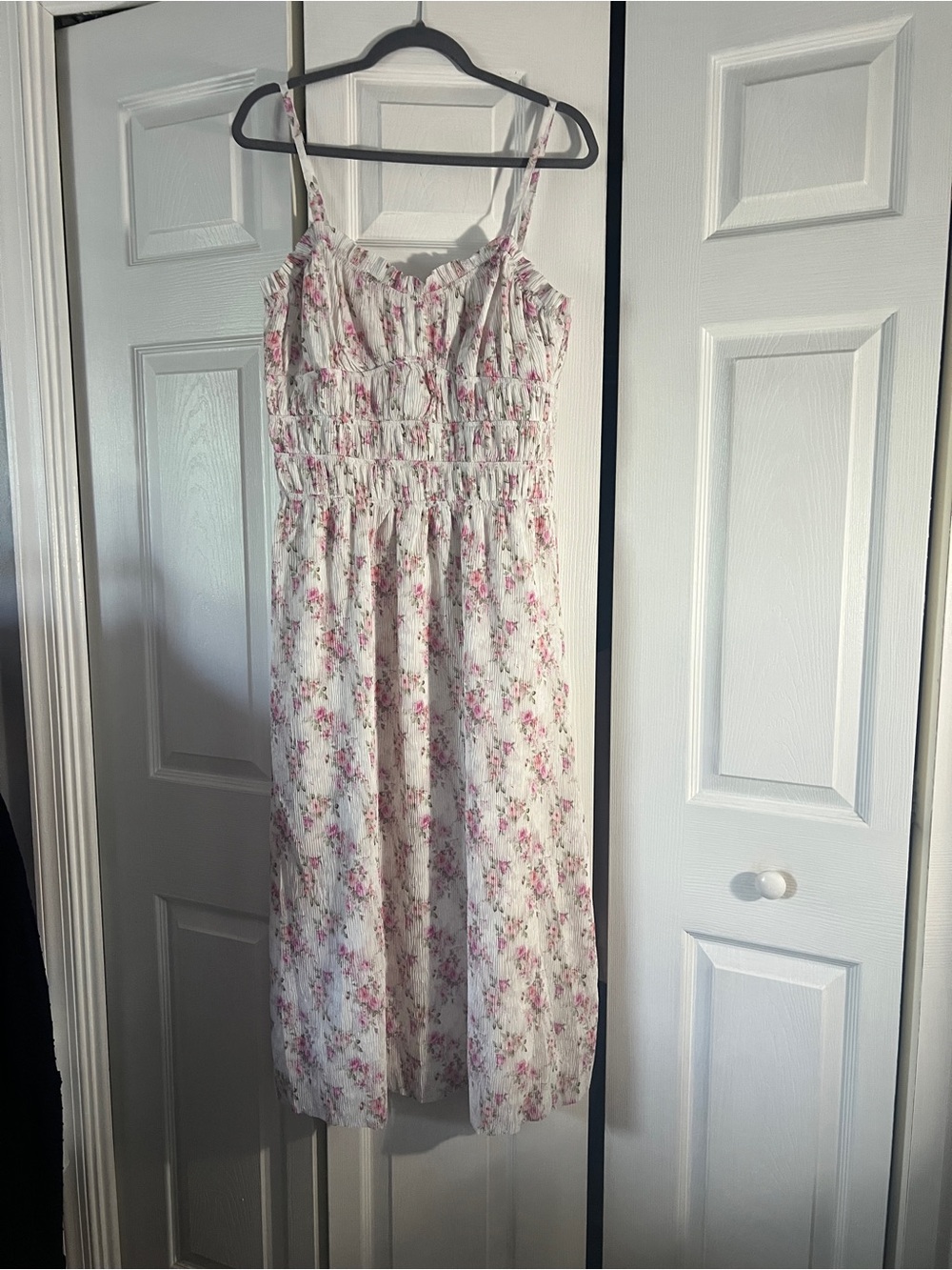 Storia White Smocked Dress with Pink Floral Accents